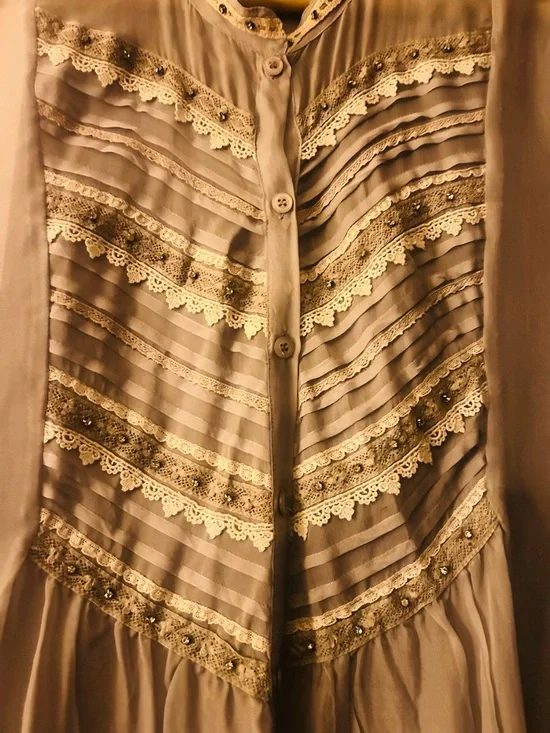 Light Blue Lace-Trim Button-Up Womens Blouse - Picture 5 of 11